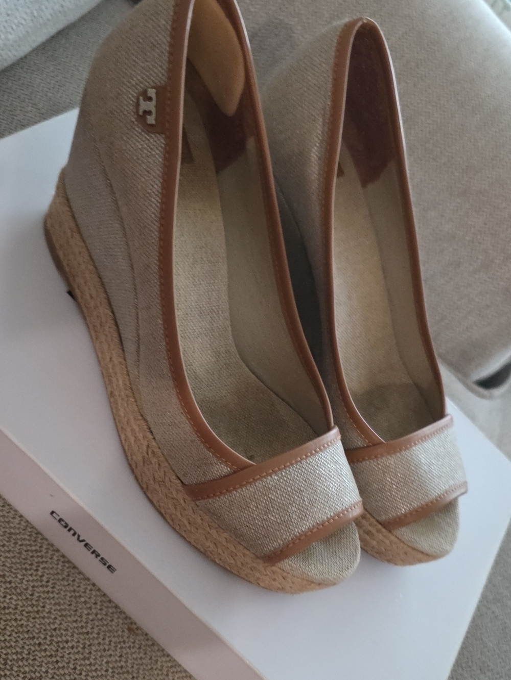 Tory Burch Beige and Brown Wedge Espadrilles